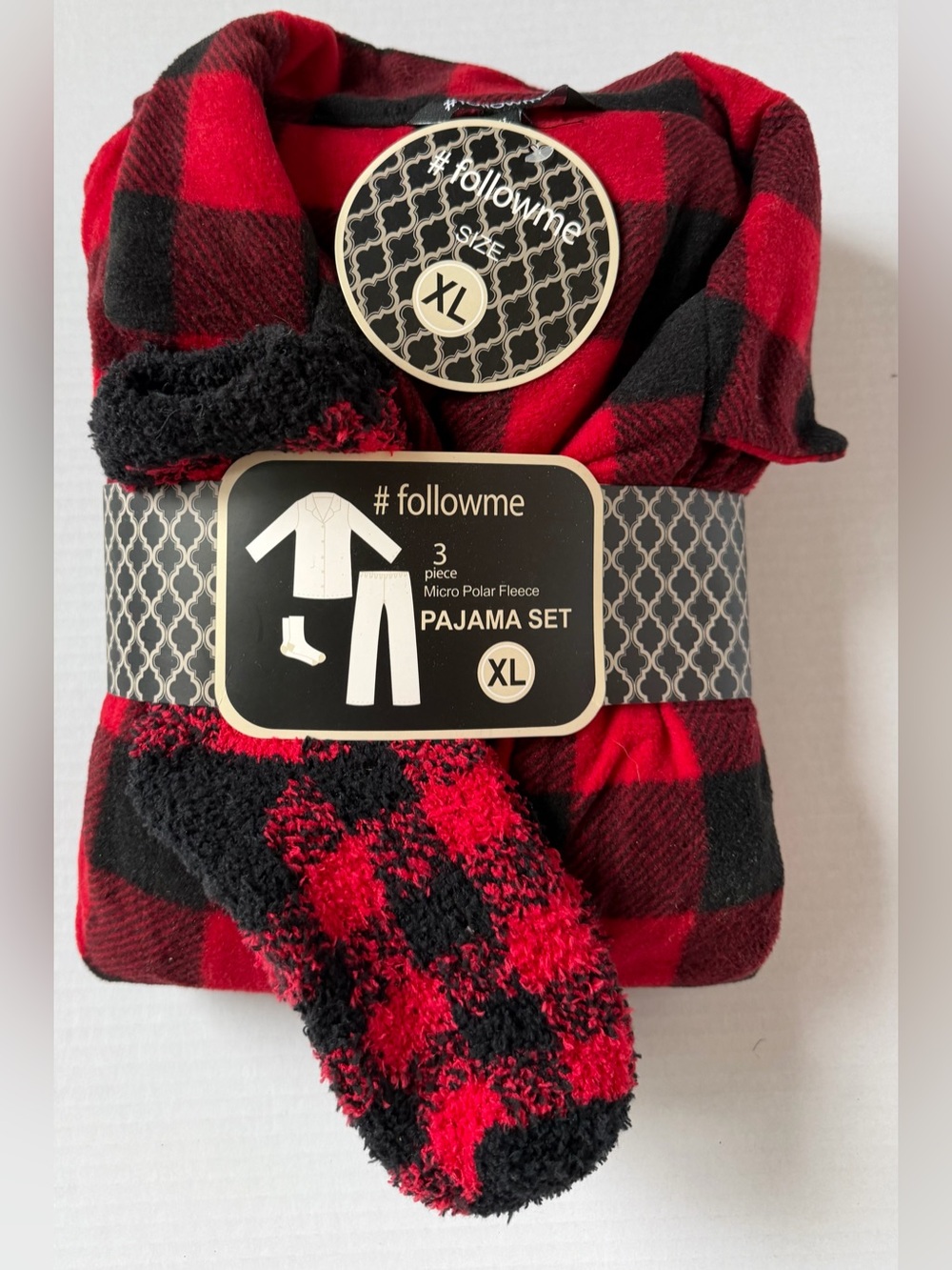 NWT #followme Red Buffalo Plaid Fleece Pajama Set XL 3pc Matching Socks Cozy
